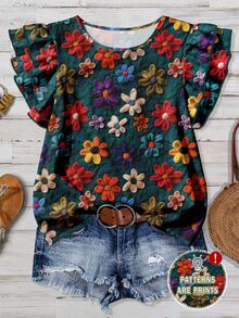 EMERY ROSE Printed Design Casual Floral Pattern Round Neck Cap Sleeve Fitted Women Shirt, Suitable For Spring/Summer - Multicolor - View 1
