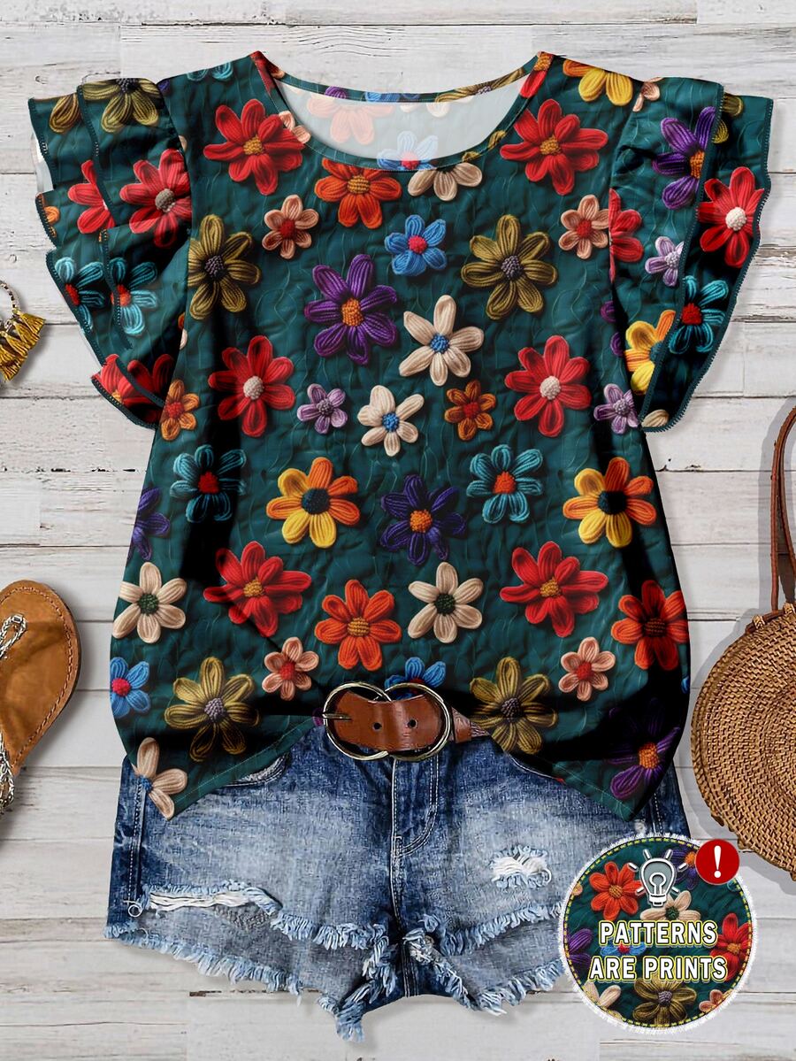 EMERY ROSE Printed Design Casual Floral Pattern Round Neck Cap Sleeve Fitted Women Shirt, Suitable For Spring/Summer - Multicolor - View 1