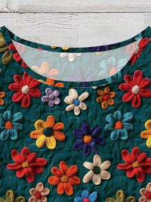 EMERY ROSE Printed Design Casual Floral Pattern Round Neck Cap Sleeve Fitted Women Shirt, Suitable For Spring/Summer - Multicolor - View 4