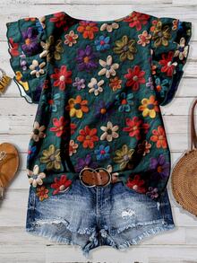EMERY ROSE Printed Design Casual Floral Pattern Round Neck Cap Sleeve Fitted Women Shirt, Suitable For Spring/Summer - Multicolor - View 7