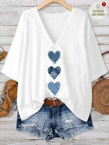 EMERY ROSE Printed Design Plus Size Casual Heart Texture Print T-Shirt, Suitable For Summer,Flower/Vacation/Spring - Multicolor - View 7
