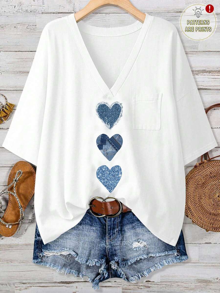 EMERY ROSE Printed Design Plus Size Casual Heart Texture Print T-Shirt, Suitable For Summer,Flower/Vacation/Spring - Multicolor - View 1