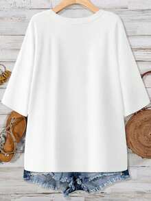 EMERY ROSE Printed Design Plus Size Casual Heart Texture Print T-Shirt, Suitable For Summer,Flower/Vacation/Spring - Multicolor - View 8