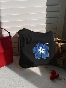 Comfortcana Printed Design Casual Minimalist Blue Applique Print Pattern Drawstring Slim Fit Shorts - Black - View 3