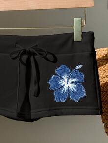Comfortcana Printed Design Casual Minimalist Blue Applique Print Pattern Drawstring Slim Fit Shorts - Black - View 4