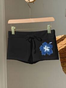 Comfortcana Printed Design Casual Minimalist Blue Applique Print Pattern Drawstring Slim Fit Shorts - Black - View 5