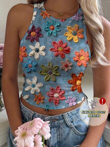 Mulvari 印花設計休閒極簡圓領修身女款背心，適合夏季 - 彩色 - 查看 8