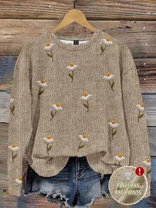 EMERY ROSE [印花設計] 米色秋季休閒野餐女款大尺碼運動衫，復古3D刺繡印花圓領寬鬆套頭衫，極簡圖案早春上衣 - 彩色 - 查看 1