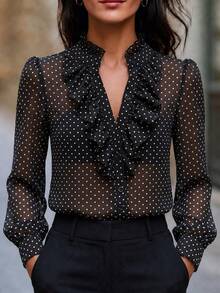 SHEIN Women's Chiffon Polka Dot Ruffle Blouse - Black - View 2