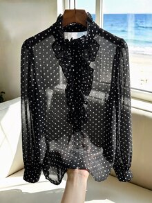SHEIN Women's Chiffon Polka Dot Ruffle Blouse - Black - View 5