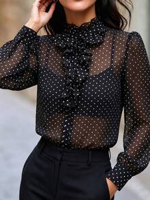 SHEIN Women's Chiffon Polka Dot Ruffle Blouse - Black - View 7
