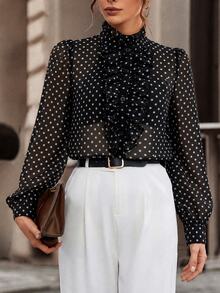 SHEIN Women's Chiffon Polka Dot Ruffle Blouse - Black - View 6