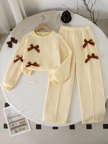 Tween Girls Fleece Back To School Fashion Black And White Polka Dot Long Sleeve Wide Leg Bow Top Pants Round Neck Decor Family Winter... - Yellow - View 3