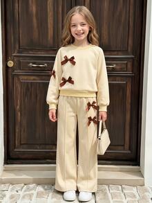 Tween Girls Fleece Back To School Fashion Black And White Polka Dot Long Sleeve Wide Leg Bow Top Pants Round Neck Decor Family Winter... - Yellow - View 1
