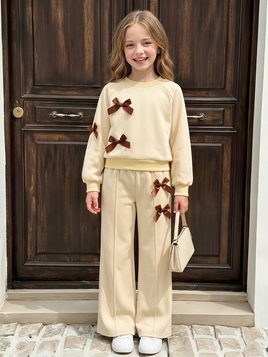 Tween Girls Fleece Back To School Fashion Black And White Polka Dot Long Sleeve Wide Leg Bow Top Pants Round Neck Decor Family Winter... - Yellow - View 1