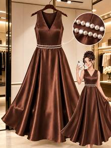 GlowEve CURVE Plus Size Elegant Brown Satin Sleeveless V-Neck Dress, Pearl Beaded Waist A-Line Long Formal Cocktail Dinner Prom Wedding Guest Evening Gown Summer - Brown - View 1