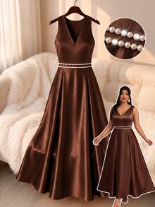 GlowEve CURVE Plus Size Elegant Brown Satin Sleeveless V-Neck Dress, Pearl Beaded Waist A-Line Long Formal Cocktail Dinner Prom Wedding Guest Evening Gown Summer - Brown - View 3