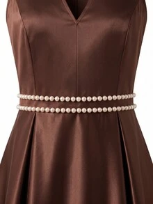 GlowEve CURVE Plus Size Elegant Brown Satin Sleeveless V-Neck Dress, Pearl Beaded Waist A-Line Long Formal Cocktail Dinner Prom Wedding Guest Evening Gown Summer - Brown - View 5
