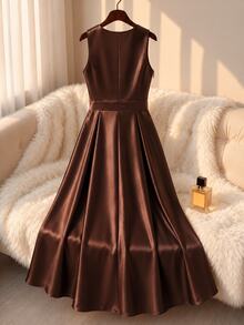 GlowEve CURVE Plus Size Elegant Brown Satin Sleeveless V-Neck Dress, Pearl Beaded Waist A-Line Long Formal Cocktail Dinner Prom Wedding Guest Evening Gown Summer - Brown - View 2