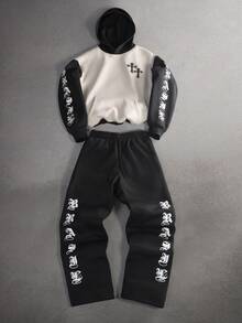 STYNVO Men's Colorblock Letter Print Hoodie And Pants Set - Black - View 2