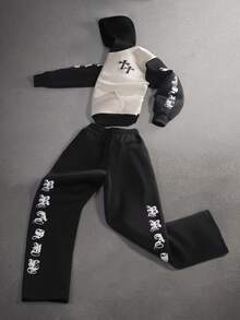 STYNVO Men's Colorblock Letter Print Hoodie And Pants Set - Black - View 4