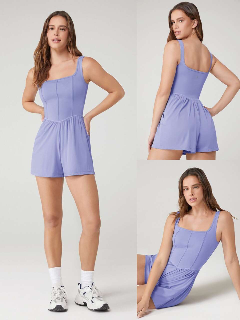 3.5'' ButterFit Sweat-Wicking Quick-Dry One And Done Corset Square Neck Back Activewear Romper Bodyduit With Side Pockets Yoga Pilates