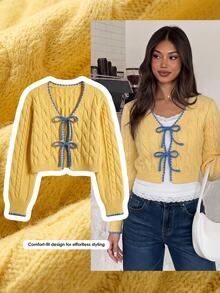 Comfortcana Fall Winter Coquette Style Cardigan For Date Night Featuring Blue Bows And Cable Knit In Yellow Cont - Yellow - View 10