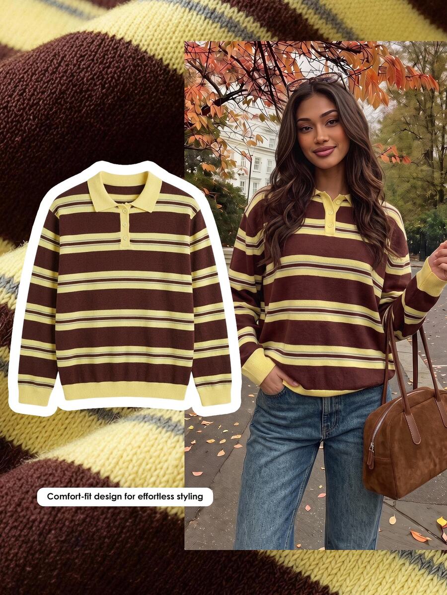 Comfortcana 女款條紋 Polo 領長袖休閒針織衫 秋季女裝 冬季女裝 工作穿搭 可愛國慶 Y2K 工作上衣