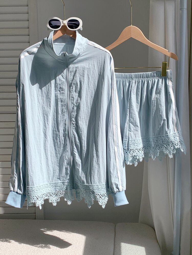 Comfortcana Lace Patchwork Jacket And Shorts Set Fall Clothes For Women Women's Sportswear Work Outfits National Day Fall Clothes For Women - Blue - View 3