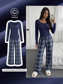 Comfortcana 女款騎士圖案上衣與格紋長褲休閒日常兩件套 秋季女裝 工作穿搭 國慶秋季女裝 基礎套裝 - 藏蓝色 - 查看 9