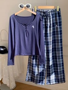 Comfortcana 女款騎士圖案上衣與格紋長褲休閒日常兩件套 秋季女裝 工作穿搭 國慶秋季女裝 基礎套裝 - 藏蓝色 - 查看 7