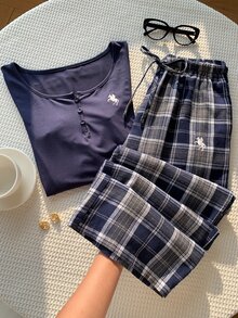 Comfortcana 女款騎士圖案上衣與格紋長褲休閒日常兩件套 秋季女裝 工作穿搭 國慶秋季女裝 基礎套裝 - 藏蓝色 - 查看 8