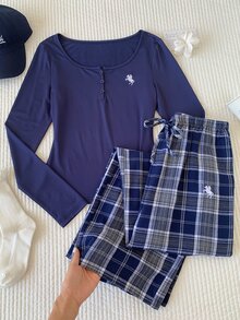 Comfortcana 女款騎士圖案上衣與格紋長褲休閒日常兩件套 秋季女裝 工作穿搭 國慶秋季女裝 基礎套裝 - 藏蓝色 - 查看 5