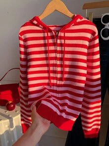 Comfortcana 女款連帽長袖抽繩綁帶紅條紋開襟衫 2000年代風格 秋季服飾 工作校園上衣 時尚基礎可愛休閒上衣 - 彩色 - 查看 9