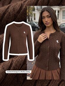 Comfortcana Cardigan Kasual Serbaguna Musim Gugur/Dingin untuk Wanita dengan Detail Bordir, Pakaian Musim Gugur untuk Wanita, Pakaian Kerja untuk Wanita, Atasan Kerja Gaya 2000-an - Coklat - View 10