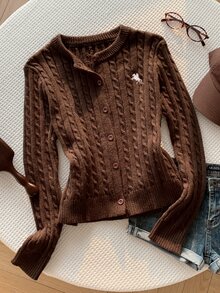 Comfortcana Cardigan Kasual Serbaguna Musim Gugur/Dingin untuk Wanita dengan Detail Bordir, Pakaian Musim Gugur untuk Wanita, Pakaian Kerja untuk Wanita, Atasan Kerja Gaya 2000-an - Coklat - View 5