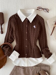 Comfortcana Cardigan Kasual Serbaguna Musim Gugur/Dingin untuk Wanita dengan Detail Bordir, Pakaian Musim Gugur untuk Wanita, Pakaian Kerja untuk Wanita, Atasan Kerja Gaya 2000-an - Coklat - View 9