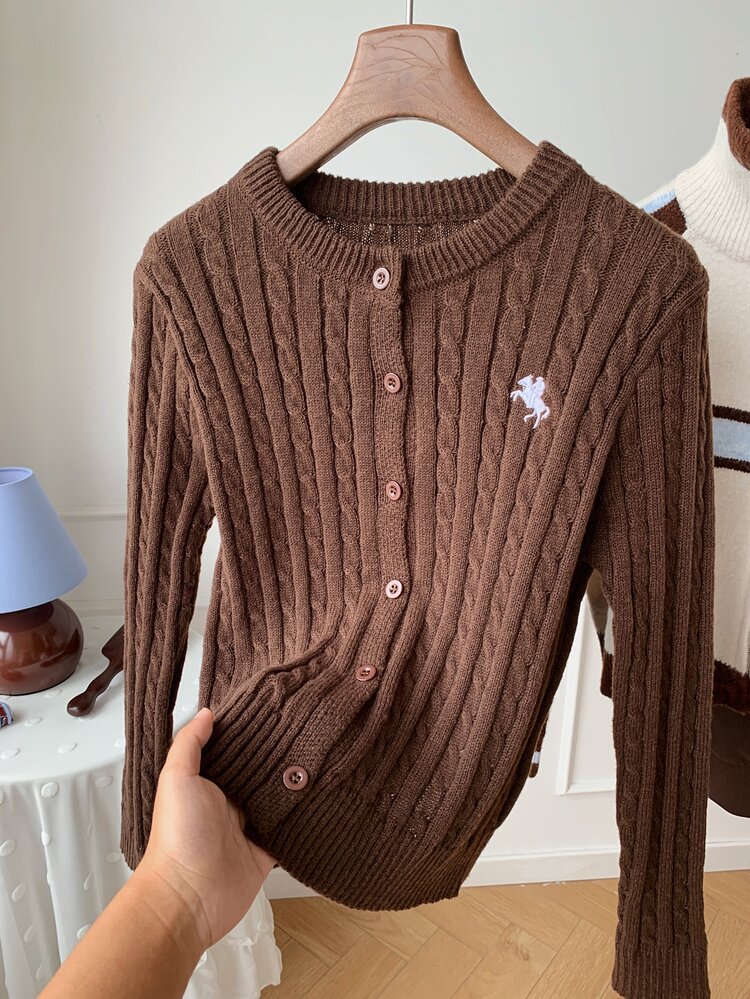 Comfortcana 女款秋冬休閒百搭刺繡細節開襟衫 秋季女裝 職場穿搭 2000年代風格上班上衣 - 棕色 - 查看 6