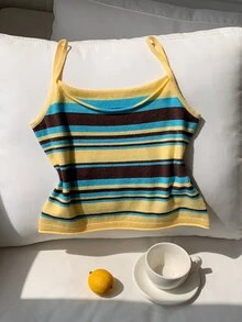 Comfortcana 女款條紋休閒百搭針織細肩帶上衣 Y2K 風格可愛上衣 國慶秋季女裝上班上衣 - 彩色 - 查看 7