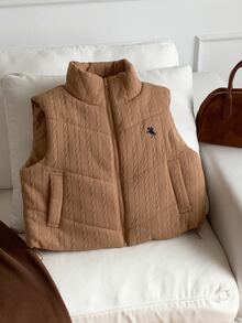 Comfortcana 女款短版馬術刺繡棉質填充背心外套 秋季女裝 Y2K 2000年代風格職場運動上衣 - 紫紅色 - 查看 5