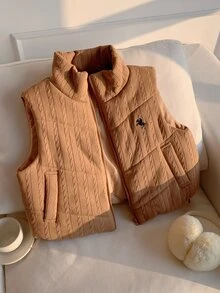 Comfortcana 女款短版馬術刺繡棉質填充背心外套 秋季女裝 Y2K 2000年代風格職場運動上衣 - 紫紅色 - 查看 8
