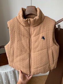 Comfortcana 女款短版馬術刺繡棉質填充背心外套 秋季女裝 Y2K 2000年代風格職場運動上衣 - 紫紅色 - 查看 6