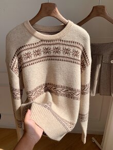 Comfortcana 女款拼色休閒百搭日常穿著長袖針織衫 冬季衣物 2000年代風格上班上衣 - 卡其色 - 查看 8