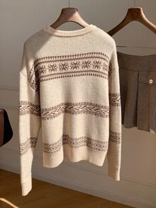 Comfortcana 女款拼色休閒百搭日常穿著長袖針織衫 冬季衣物 2000年代風格上班上衣 - 卡其色 - 查看 3