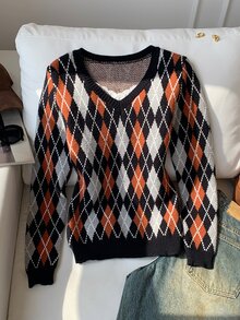 Comfortcana 女款鑽石圖案長袖休閒復古學院風 2000s V領套頭毛衣，日常校園穿搭，黑色與橘色，秋季女裝 - 藏蓝色 - 查看 9