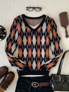 Comfortcana 女款鑽石圖案長袖休閒復古學院風 2000s V領套頭毛衣，日常校園穿搭，黑色與橘色，秋季女裝 - 藏蓝色 - 查看 7