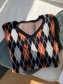 Comfortcana 女款鑽石圖案長袖休閒復古學院風 2000s V領套頭毛衣，日常校園穿搭，黑色與橘色，秋季女裝 - 藏蓝色 - 查看 5