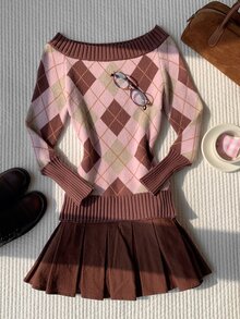 Comfortcana Sweater Argyle Off-Shoulder Colorblock untuk Wanita, Pakaian Musim Gugur untuk Wanita, Pakaian Kerja untuk Wanita, Gaya Y2K - Berwarna merah muda - View 5