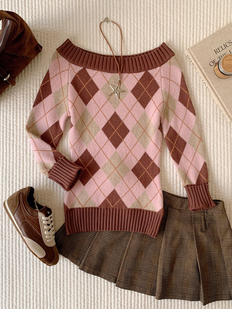 Comfortcana Sweater Argyle Off-Shoulder Colorblock untuk Wanita, Pakaian Musim Gugur untuk Wanita, Pakaian Kerja untuk Wanita, Gaya Y2K
