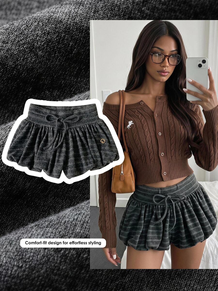 Comfortcana 夏季休閒條紋鬱金香短褲 女款秋季服飾 工作穿搭 國慶秋季女裝 Y2K 基礎 2000年代風格